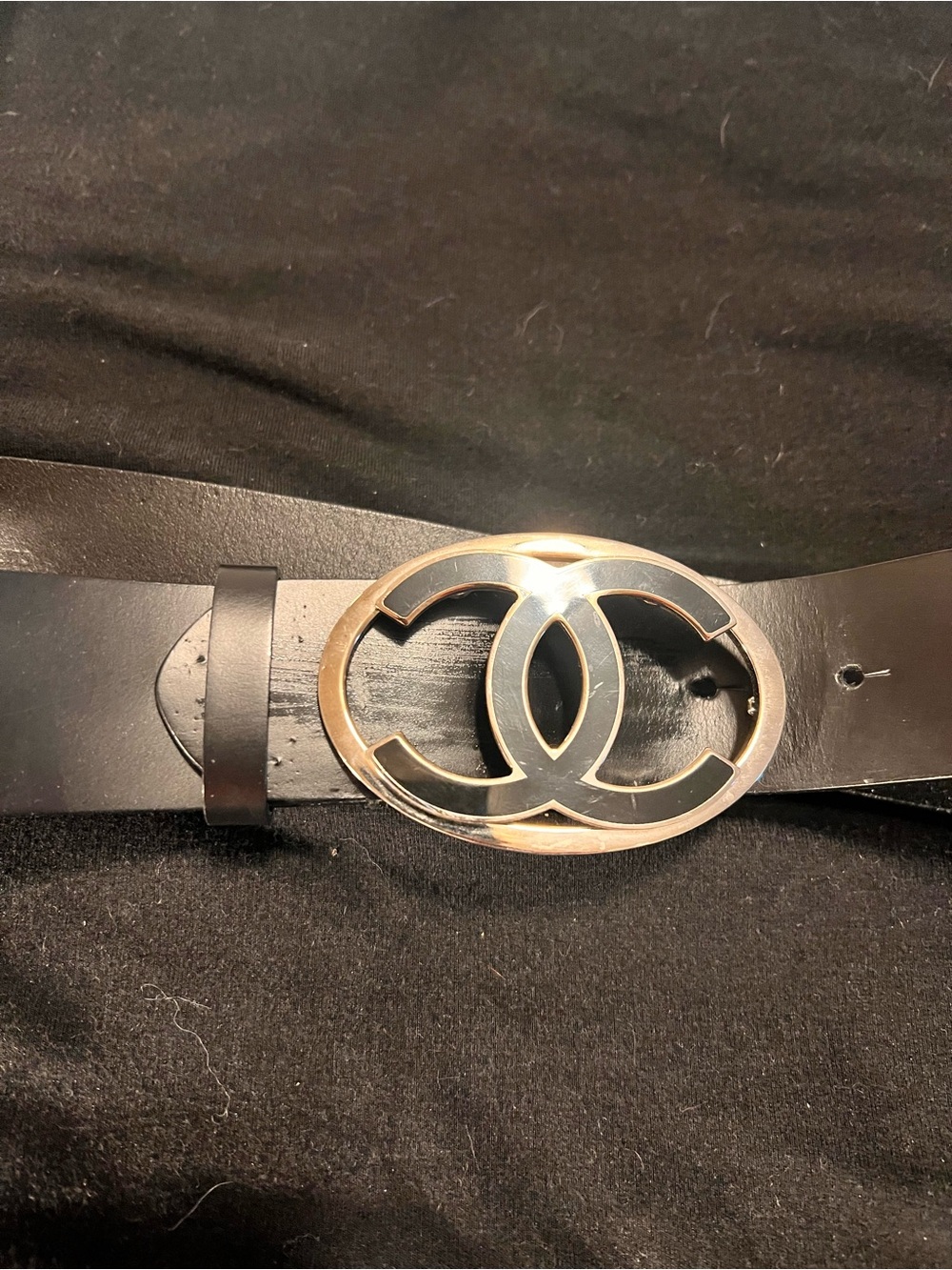CHANEL Black Leather Belt with Gold Double C Logo Buckle